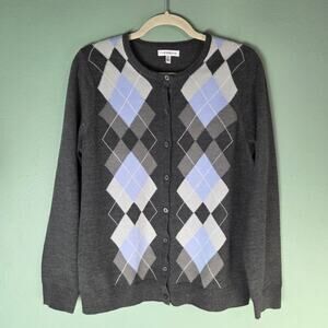 Croft & Barrow Womens Gray Blue Argyle Button Up Knit Sweater Cardigan Medium